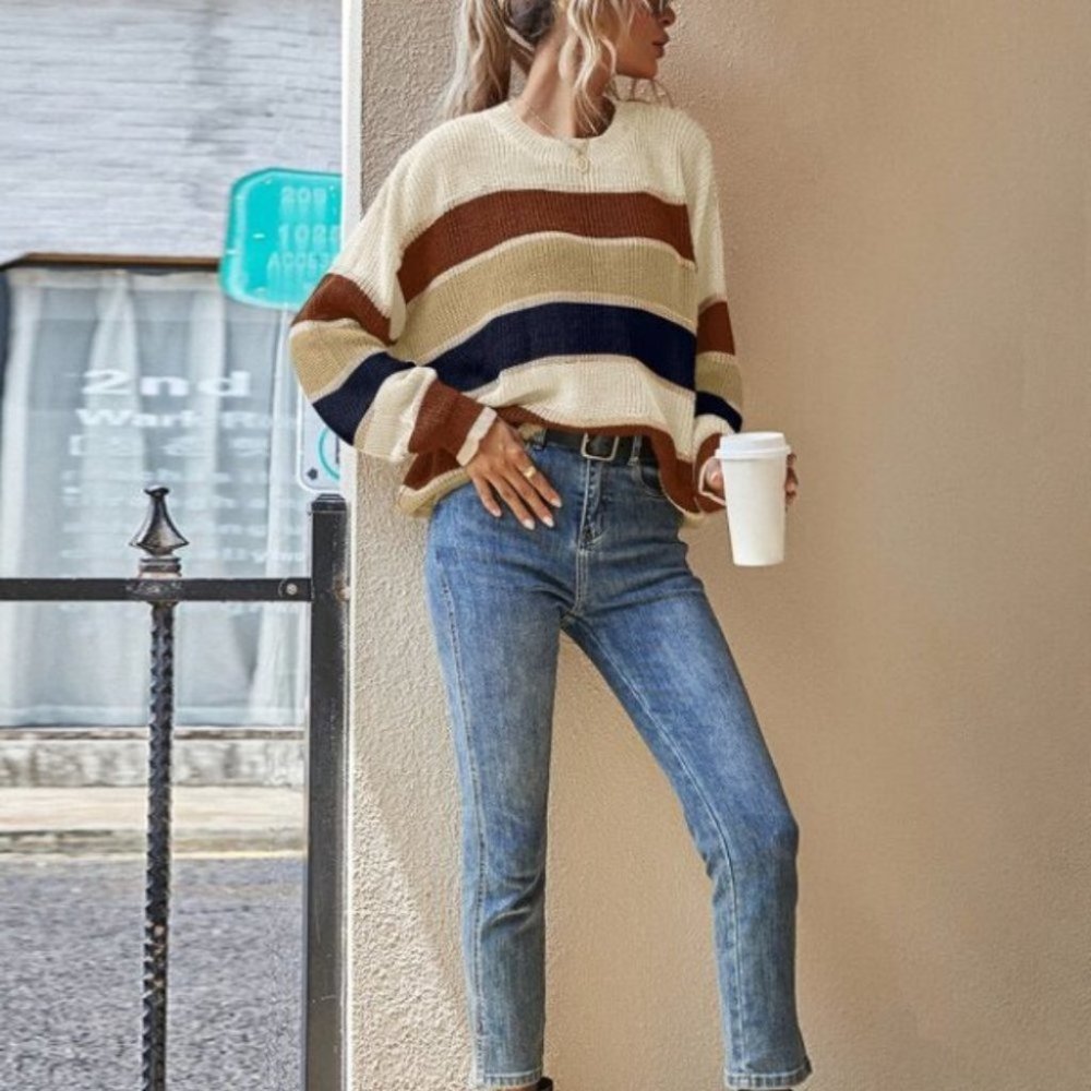 Boho Cozy striped print sweater multi color - Picture 3 of 5